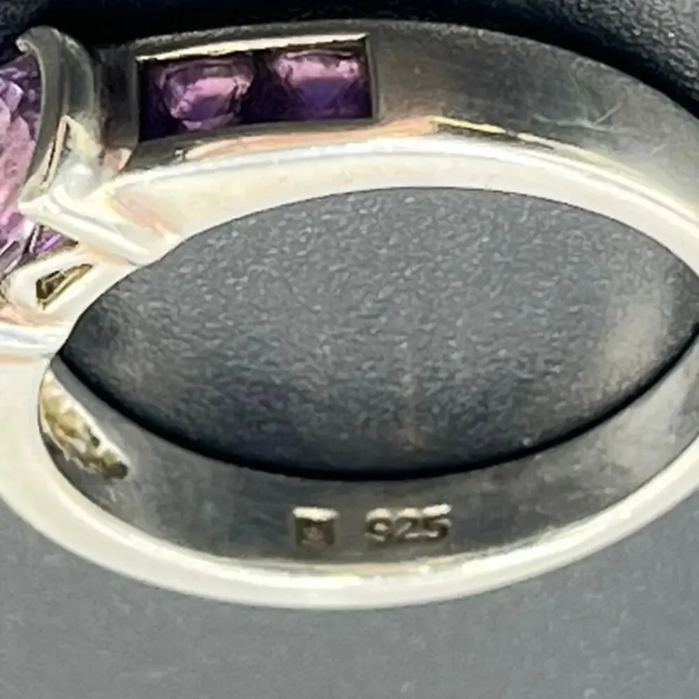Sterling Silver 3-Stone Amethyst Oval Center‎ Stone Heart Makers Ring Size 8.25